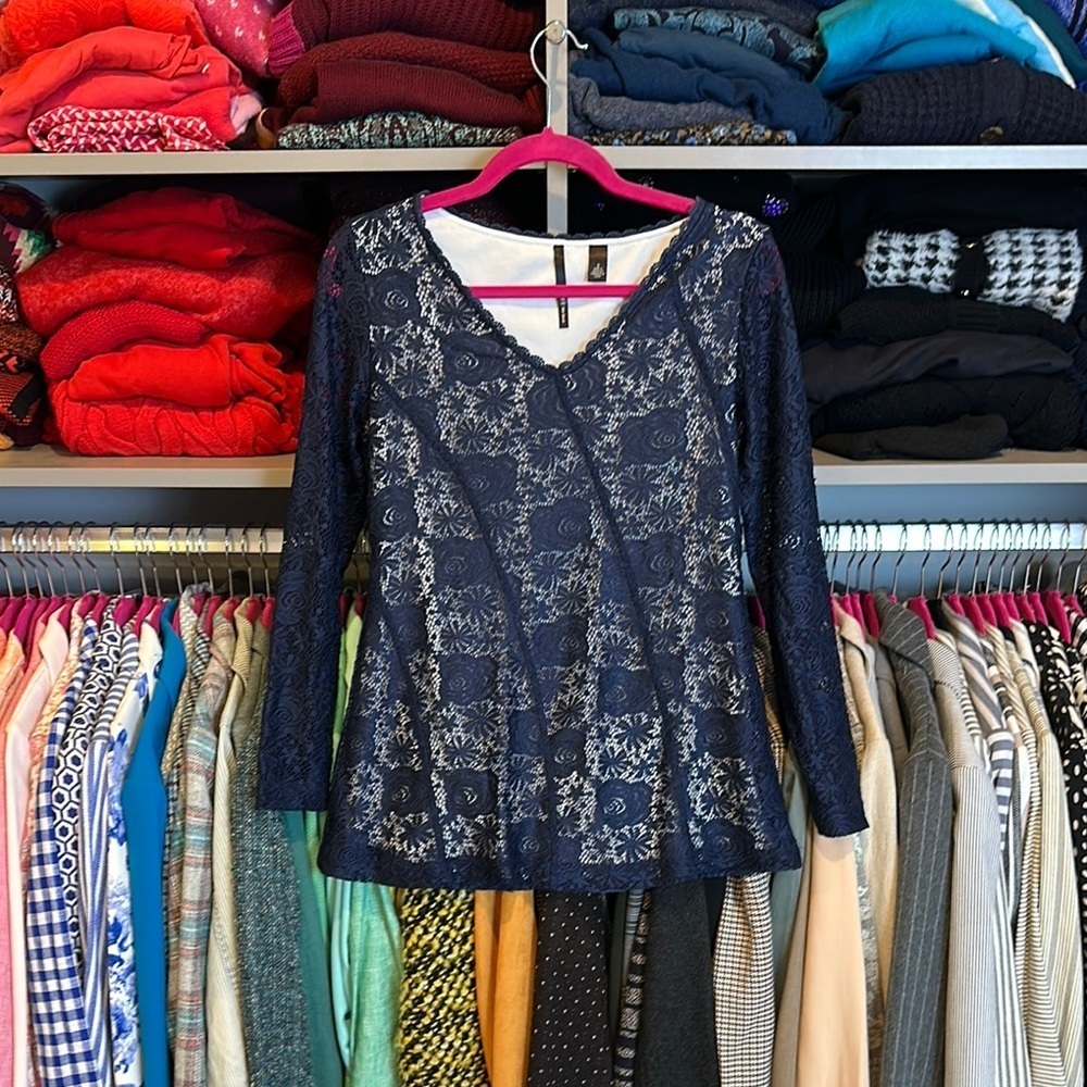 Skye’s the Limit navy lace overlay top size S